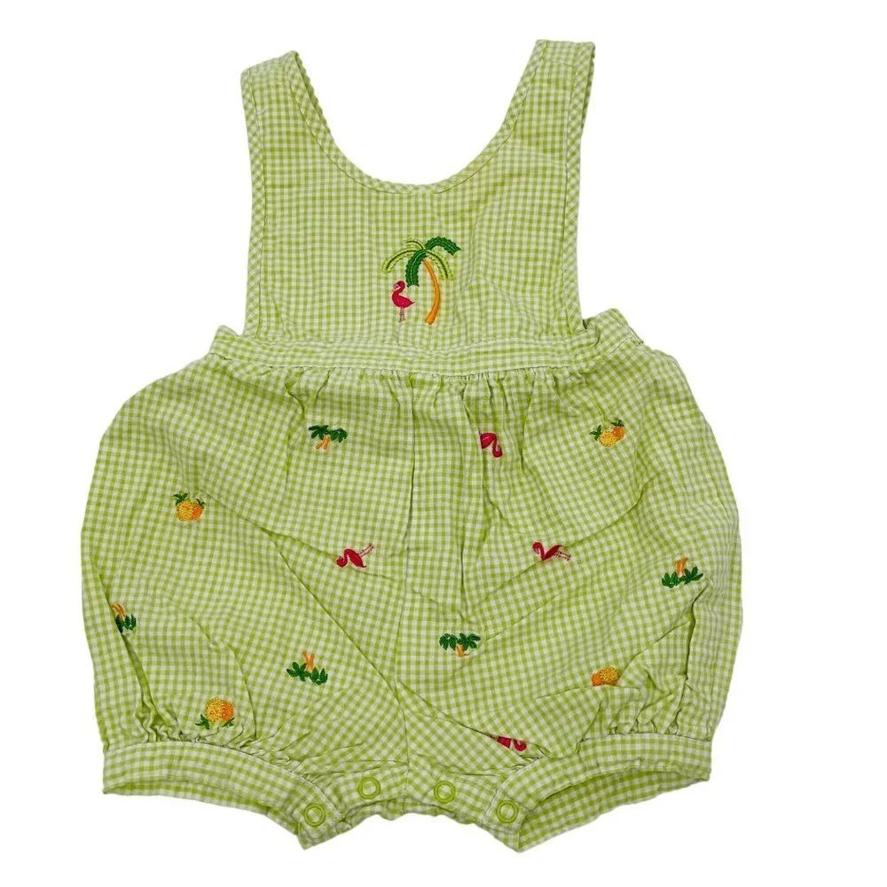 Gymboree Gingham Embroidered Romper Size 3-6 M Tropical Flamingo‎ Palm Tree
